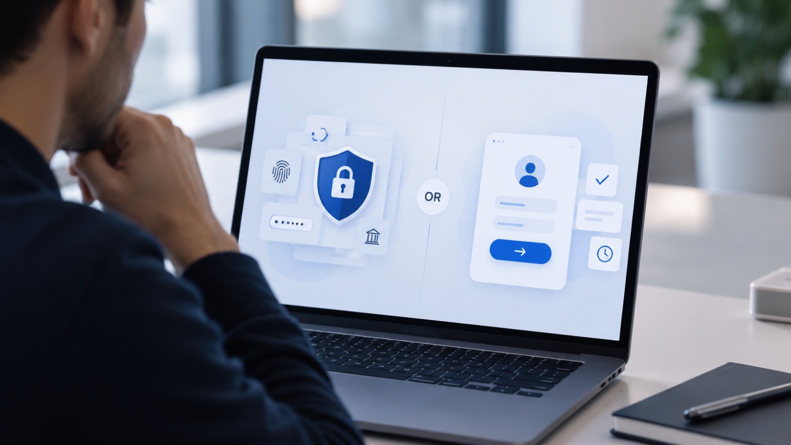 A person weighing security against a simple sign-in experience, presented on screen as an either-or choice