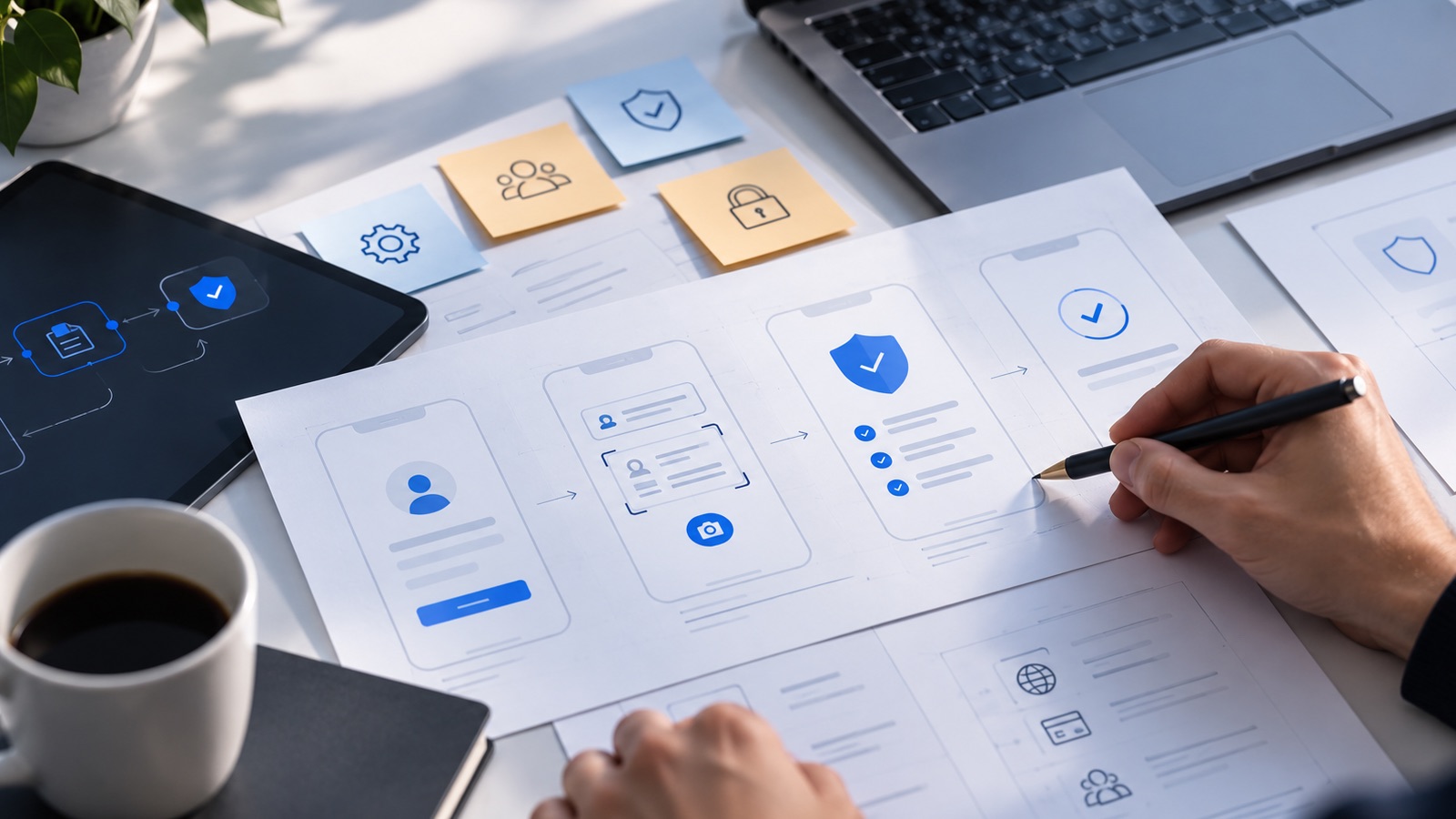 Wireframes of an onboarding flow with identity verification designed in as a natural step, sketched on paper