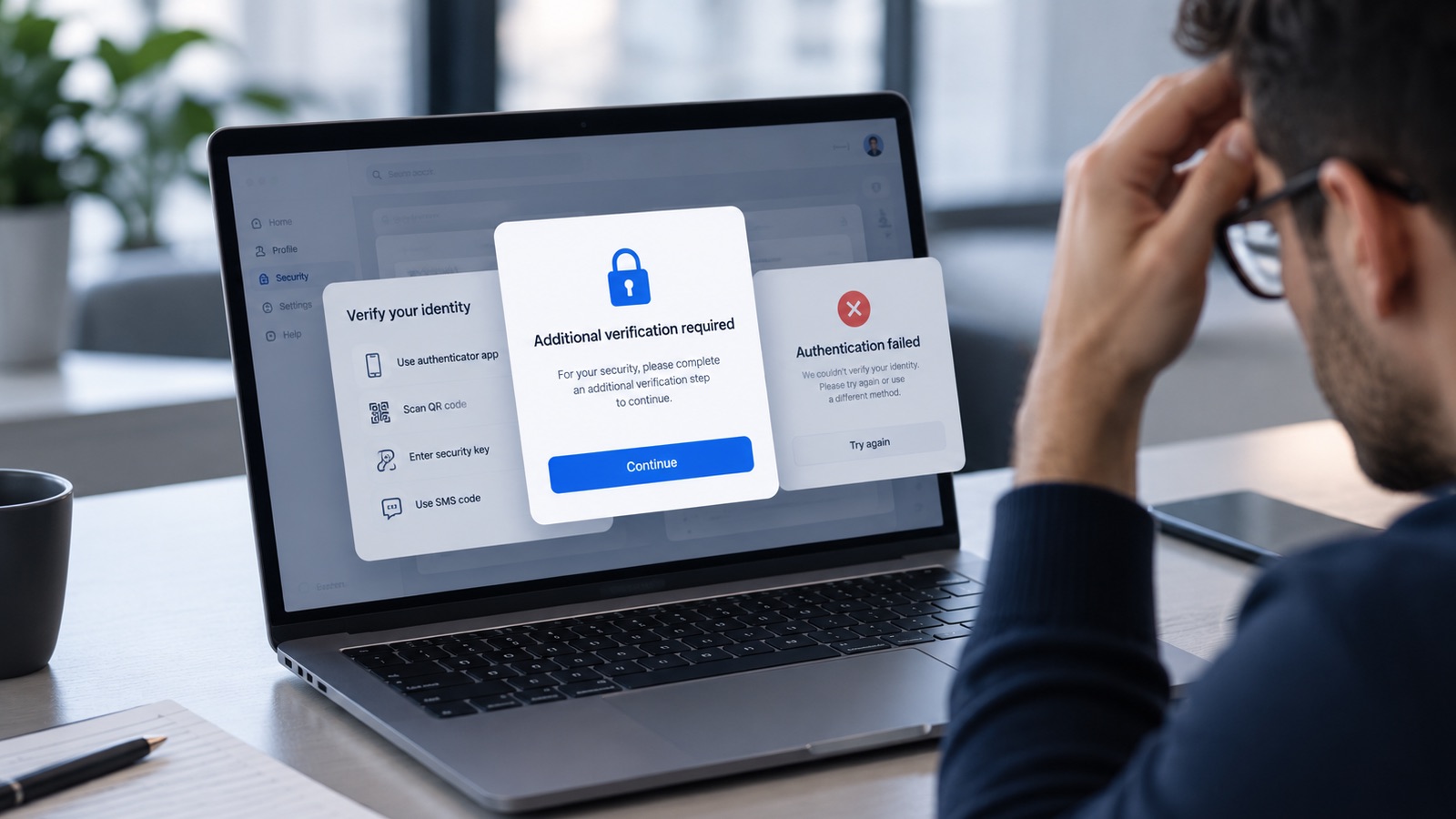 A frustrated user facing stacked verification prompts and an unexplained authentication failure on a laptop
