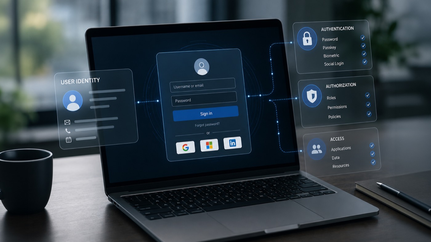 A traditional IAM stack: user identity stored by the platform, feeding authentication, authorization, and access control